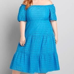 22 petite Lane Bryant cottagecore blue eyelet lace midi dress, square neckline